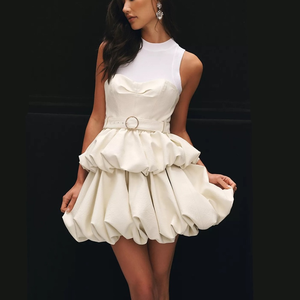 Anthropologie Faux Leather Strapless Mini Dress Ivory Bubble Medium - Picture 4 of 16